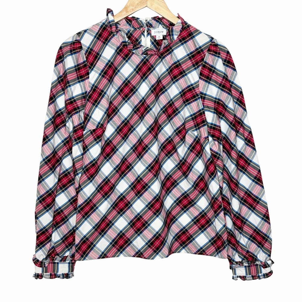 J Crew Tartan Plaid Ruffled Top Womens Size M Preppy Heritage Old Money Career